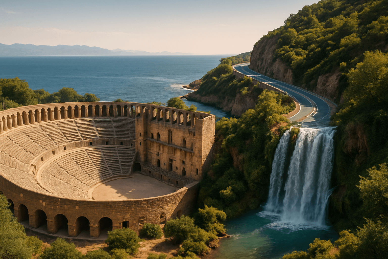 Antalya çevresinde antik tiyatro, şelale ve sahil rotası kolajı manzarası