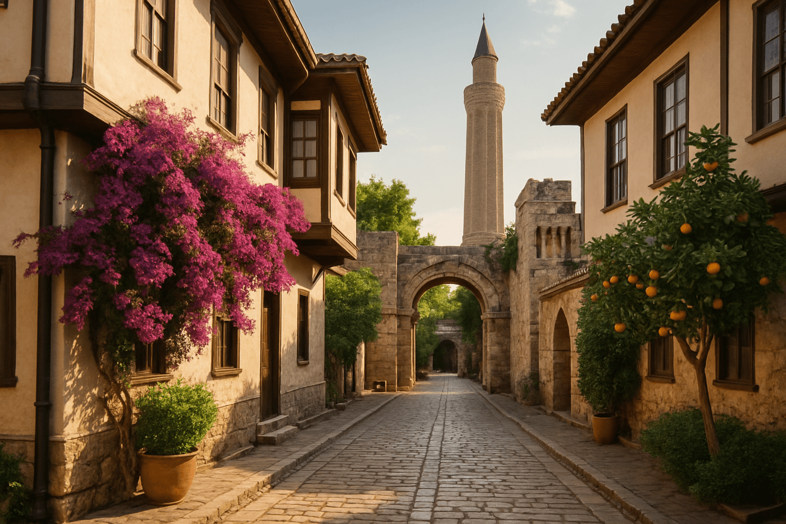 Antalya Kaleiçi'nin dar arnavut kaldırımlı sokakları ve Osmanlı evleri